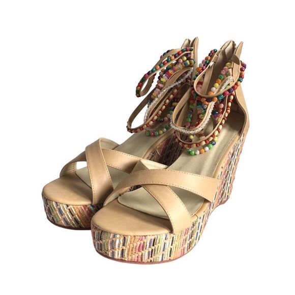 🆕Getmorebeauty Tan Ankle Beaded Strap Detailing Platform Wedge Sandals - Picture 2 of 9